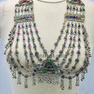 Vintage Afghan Kuchi Multicolor Necklace, Afghan Multilayers Bib Necklace